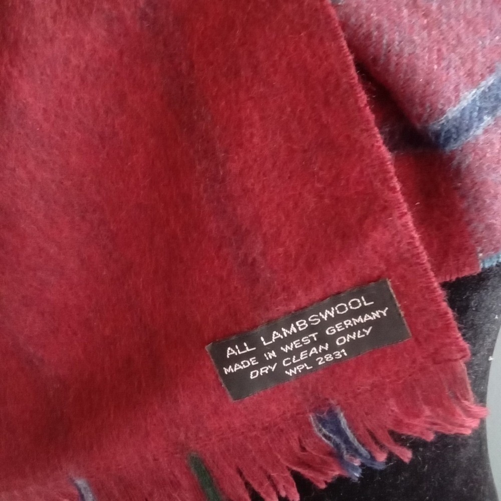 Vintage West Germany‎ Lambswool Plaid Scarf Red Green Blue Fringed WPL 2831